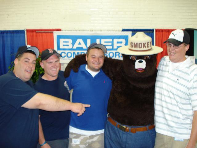 Firefighters Hammond, Nickson, Guest and Bancroft at the 2008 Springfield Fire Show with Smokey